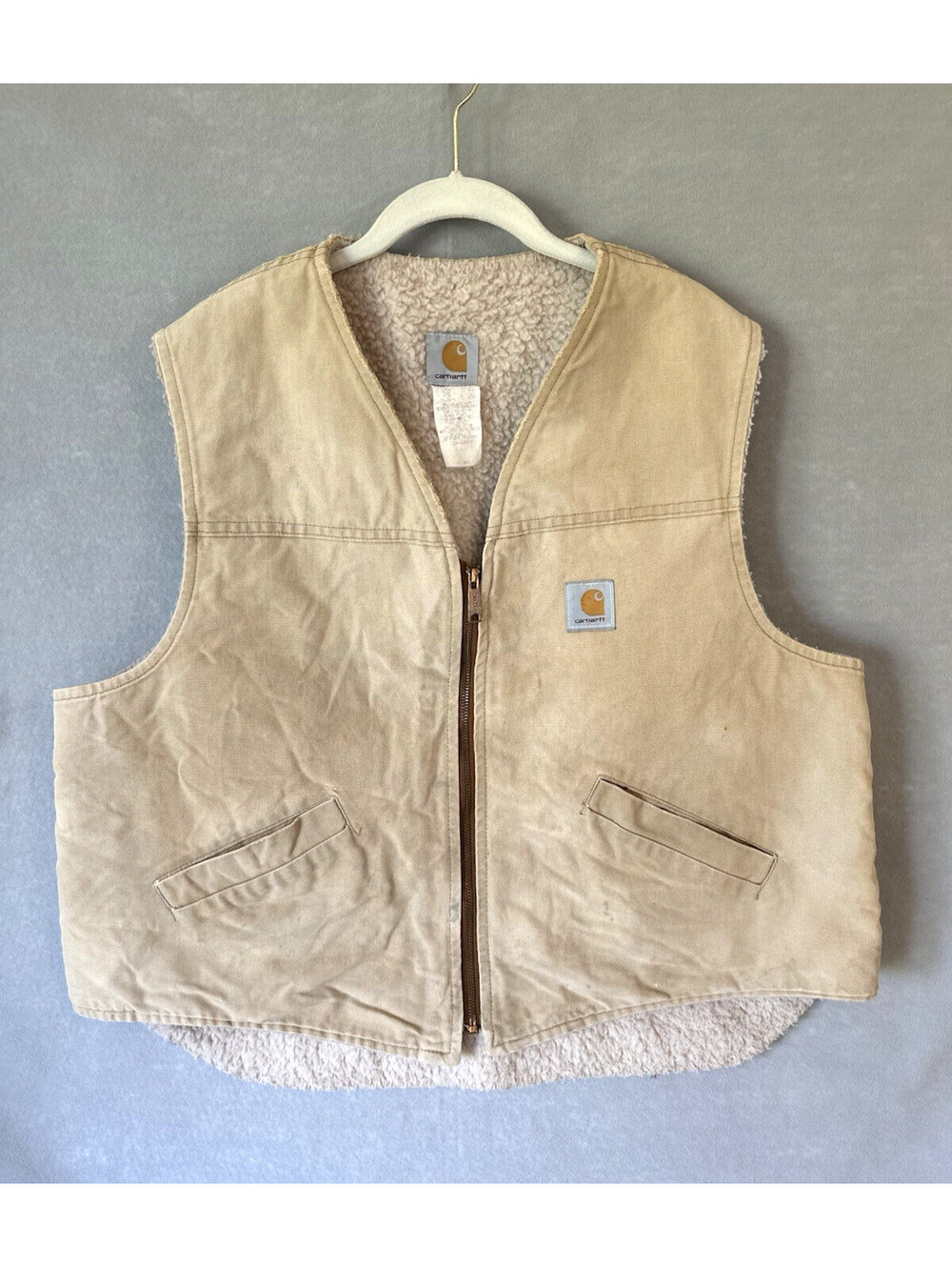 VTG Carhartt Mens Brown Sherpa Lined  Vest size L Canvas Duck Distressed V13 SDL